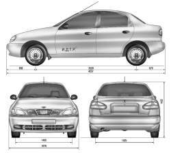 Габаритные размеры (мм) автомобиля Daewoo Lanos с кузовом типа седан