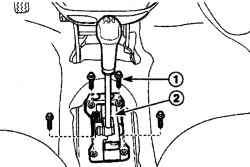 Расположение болтов (1) крепления рычага управления переключением передач в сборе (2)