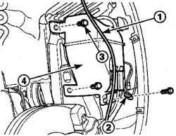 Расположение болтов (3) крепления бачка омывателя (4) и патрубка (1) и электрического разъема (2)