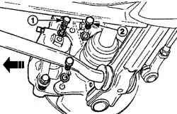 Расположение пустотелого болта (1) крепления тормозного шланга и болтов (2) крепления суппорта в сборе к поворотному кулаку