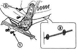 Расположение болтов (1 и 3) крепления механизма наклона спинки переднего сиденья и стягивающих колец (2) чехла спинки