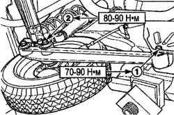 Расположение и моменты затягивания болтов крепления продольного рычага к кронштейну кузова (1) и к задней оси (2)