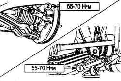 Расположение контрольного клапана (1), гайки (2) крепления кронштейна трубки низкого давления кондиционера и болтов (3) крепления опорной балки со стороны переднего пассажира