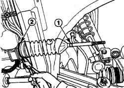 Расположение хомута (1) и проволочного зажима (2) крепления защитного чехла рулевой тяги