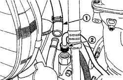 Снятие шланга (1) линии подачи и штуцера трубки (2) линии давления гидроусилителя руля