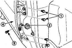 Расположение болтов крепления петли двери (1) и ограничителя (3) открытия задней двери (4) и резинового уплотнителя (2)