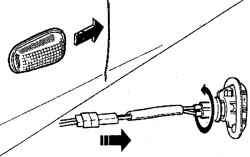 Направления нажатия для снятия бокового указателя поворота и поворота для снятия патрона с лампой и отсоединения электрического разъема
