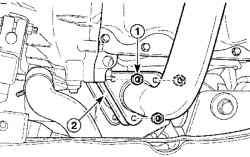 Расположение гаек (1) крепления приемной выхлопной трубы к выпускному коллектору и прокладки (2)