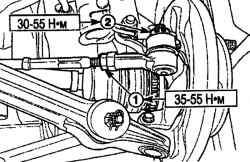Расположение и моменты затяжки контргайки (1) и корончатой гайки (2) крепления наконечника рулевой тяги