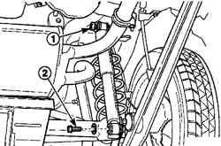 Расположение гайки (1) и болта (2) крепления заднего амортизатора