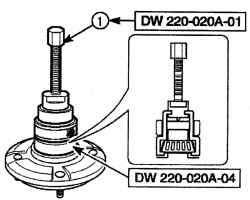 Использование съемника DW 0340—010 (1) и держателя опорной пластины подшипника дифференциала DW 220—020А—04 для снятия подшипника колеса со ступицы