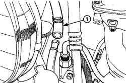 Снятие шланга подачи (1) с входящего соединения на насосе гидроусилителя рулевого управления