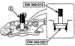 Использование съемника DW 034—010 (1) ступицы переднего колеса и инструмента DW 034—020 для установки внутреннего кольца переднего подшипника
