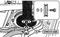 Использование держателя DW310—020 (1) для фиксации шкива от проворачивания при отворачивании гайки (2)