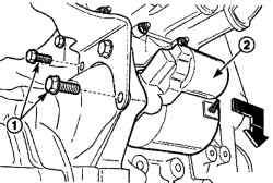 Расположение болтов (1) крепления двигателя стартера (2) к коробке передач и направление его снятия