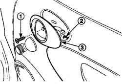 Расположение винта (1) крепления внутренней ручки привода замка двери (3) и место отсоединения тяги (2)