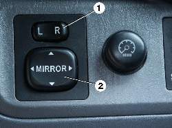 Расположение реверсивного переключателя (1) и установочного (2) переключателя наружного зеркала