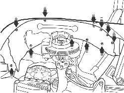 Расположение фиксаторов и винтов (нижние фиксаторы не показаны) крепления грязезащитного щитка арки переднего колеса