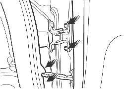 Расположение болтов крепления шарниров к двери багажного отделения и болтов крепления ограничителя открытия двери к кузову