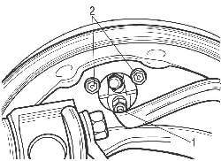 Расположение соединительной гайки (1) крепления тормозной трубки и болтов (2) крепления рабочего тормозного цилиндра