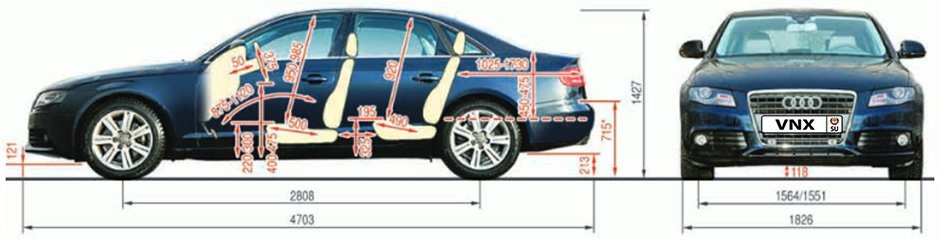 Габаритные размеры салона Ауди А4 2007-2012 (dimensions interior Audi A4 B8)