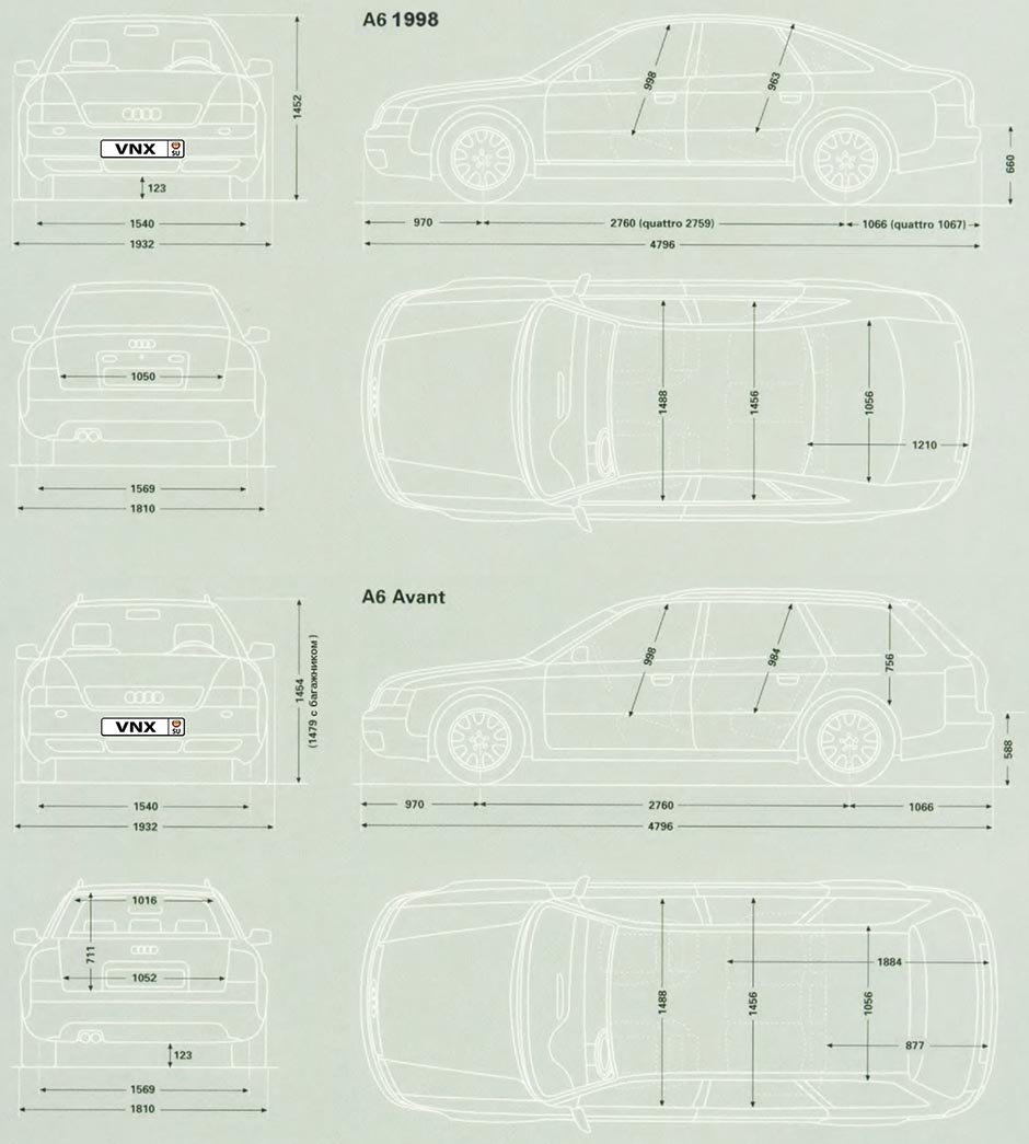 Габаритные размеры Ауди А6 1997-2004 (dimensions Audi A6 C5)
