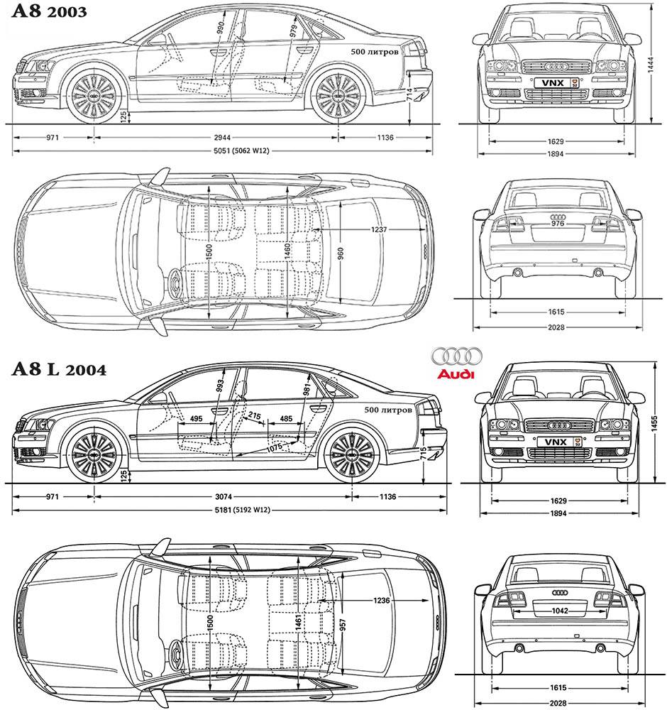 Габаритные размеры Ауди А8 2002-2007 (dimensions Audi A8 D3)