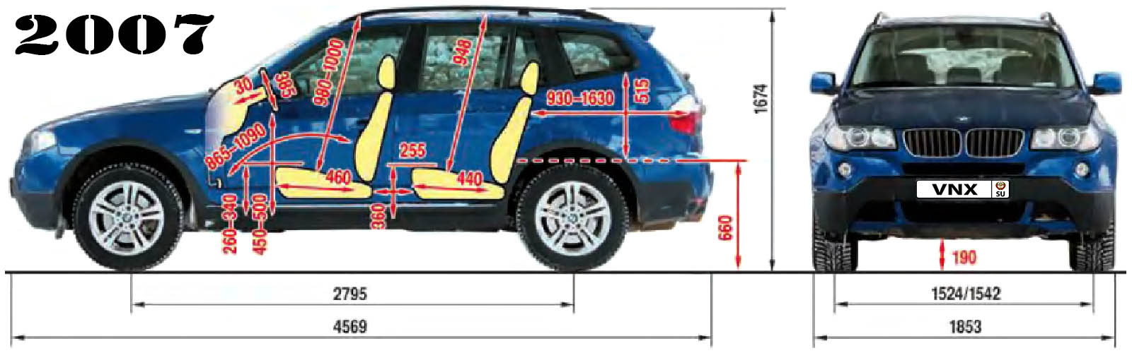 Габаритные размеры БМВ Икс 3 2007 (dimensions BMW X3 E83)