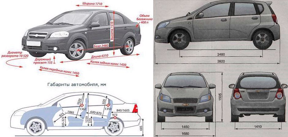 Габаритные размеры Шевроле Авео 2005-2011 (dimensions Chevrolet Aveo T250)