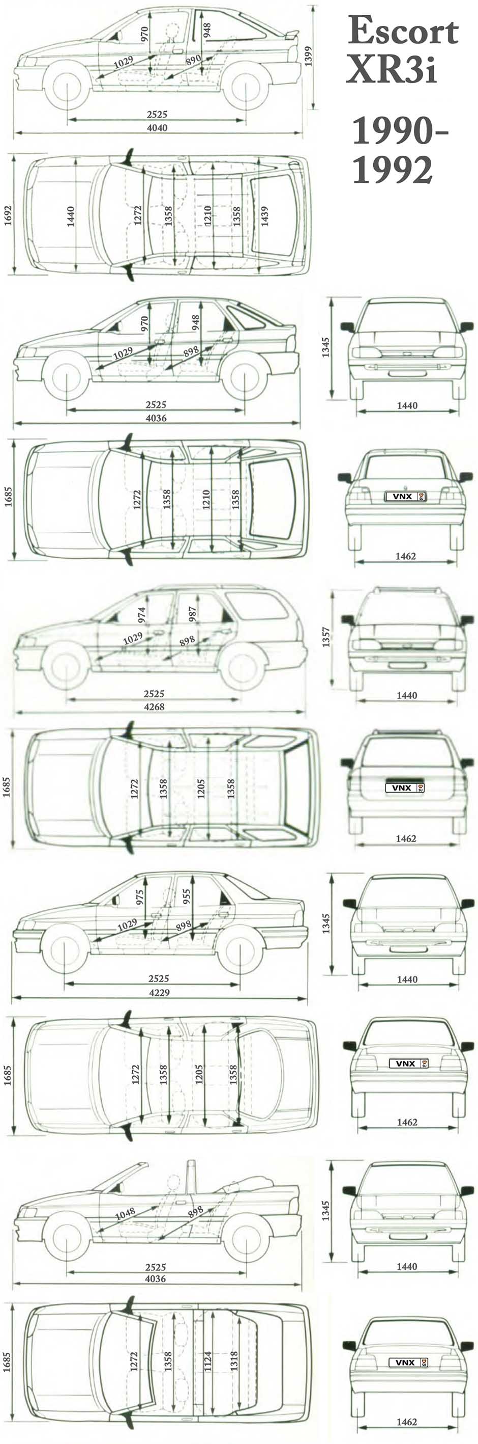 Габаритные размеры Форд Эскорт и Орион все модели с 1990 (dimensions Ford Escort, Orion mk5/ mk6)