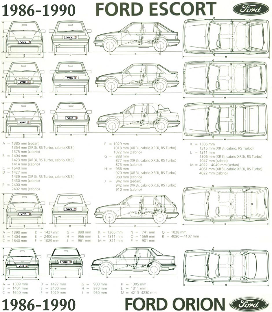 Габаритные размеры Форд Эскорт и Орион 1986-1990 все модели (dimensions Ford Escort mk4 / Orion)
