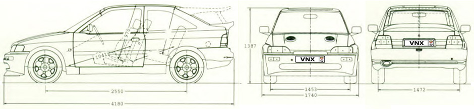 Габаритные размеры Форд Эскорт РС 1992 (dimensions Ford Escort RS Cosworth)