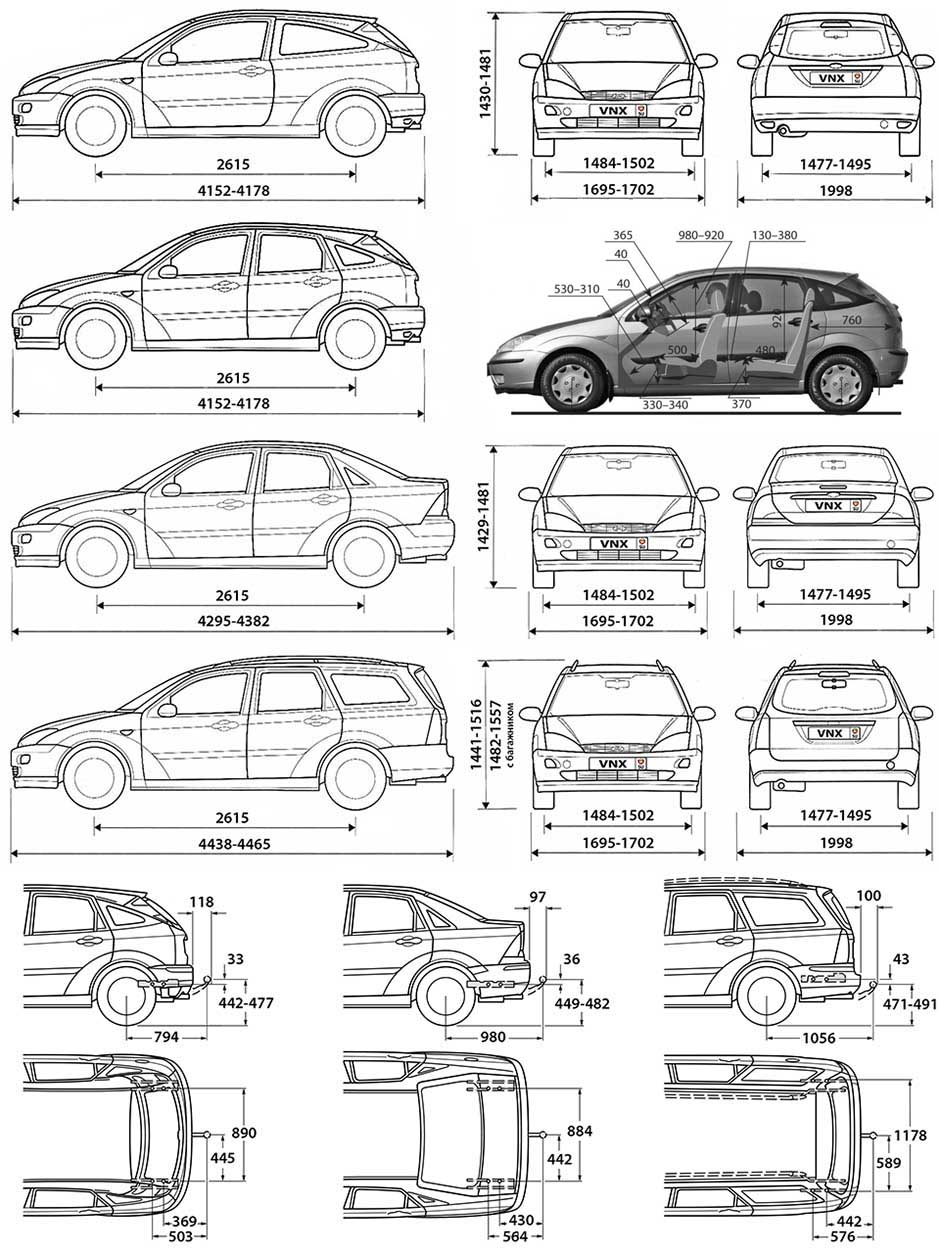 Габаритные размеры Форд Фокус 1 (dimensions Ford Focus 1998-2004)