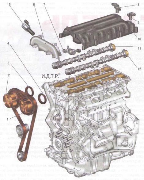 Ford Focus II Двигатель R4 16V Duratec Ti-VCT с верхним расположением двух пяти опорных распределительных валов имеет по четыре клапана на каждый цилиндр