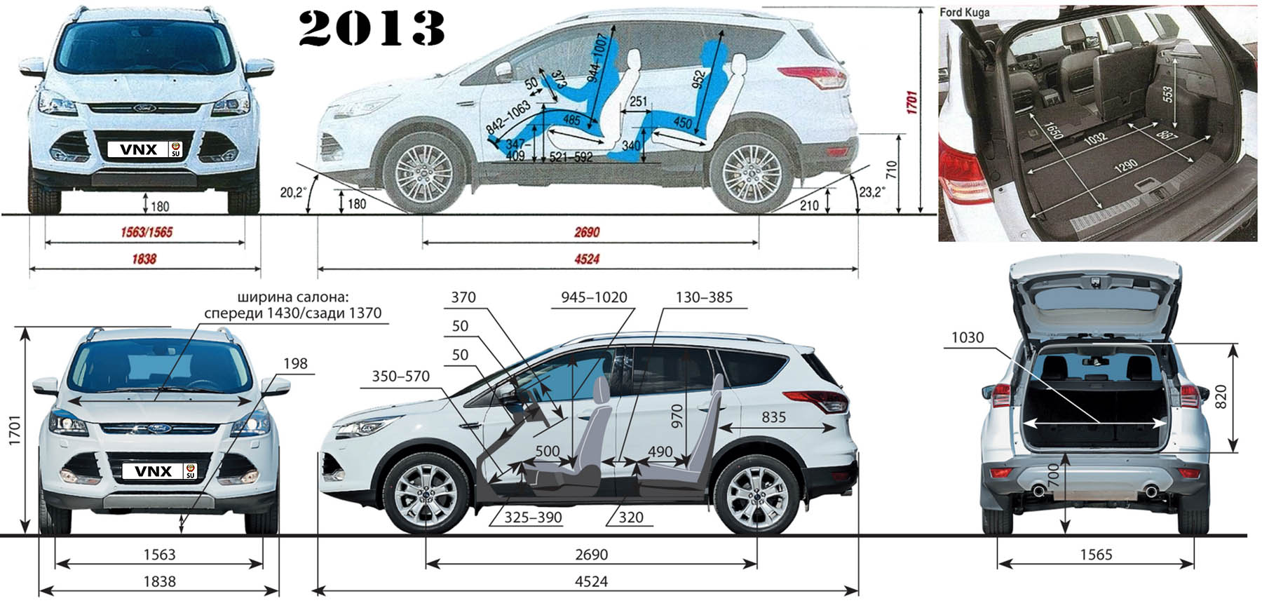 Габаритные размеры Форд Куга с 2012 (dimensions Ford Kuga mk2)