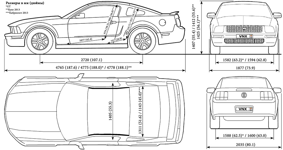 Габаритные размеры Форд Мустанг 2005-2014 (dimensions Ford Mustang mk5)