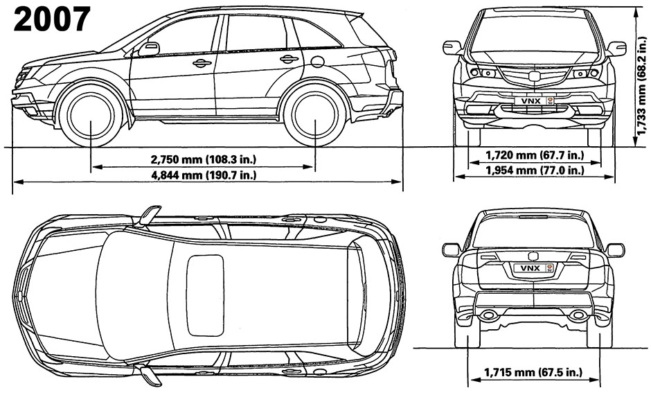 Габаритные размеры Акура МДИкс 2007–2013 (dimensions Acura MDX YD2)