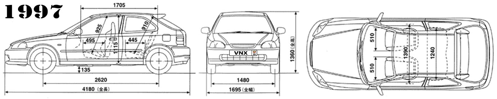 Габаритные размеры Хонда Сивик 1997 (dimensions Honda Civic type R)