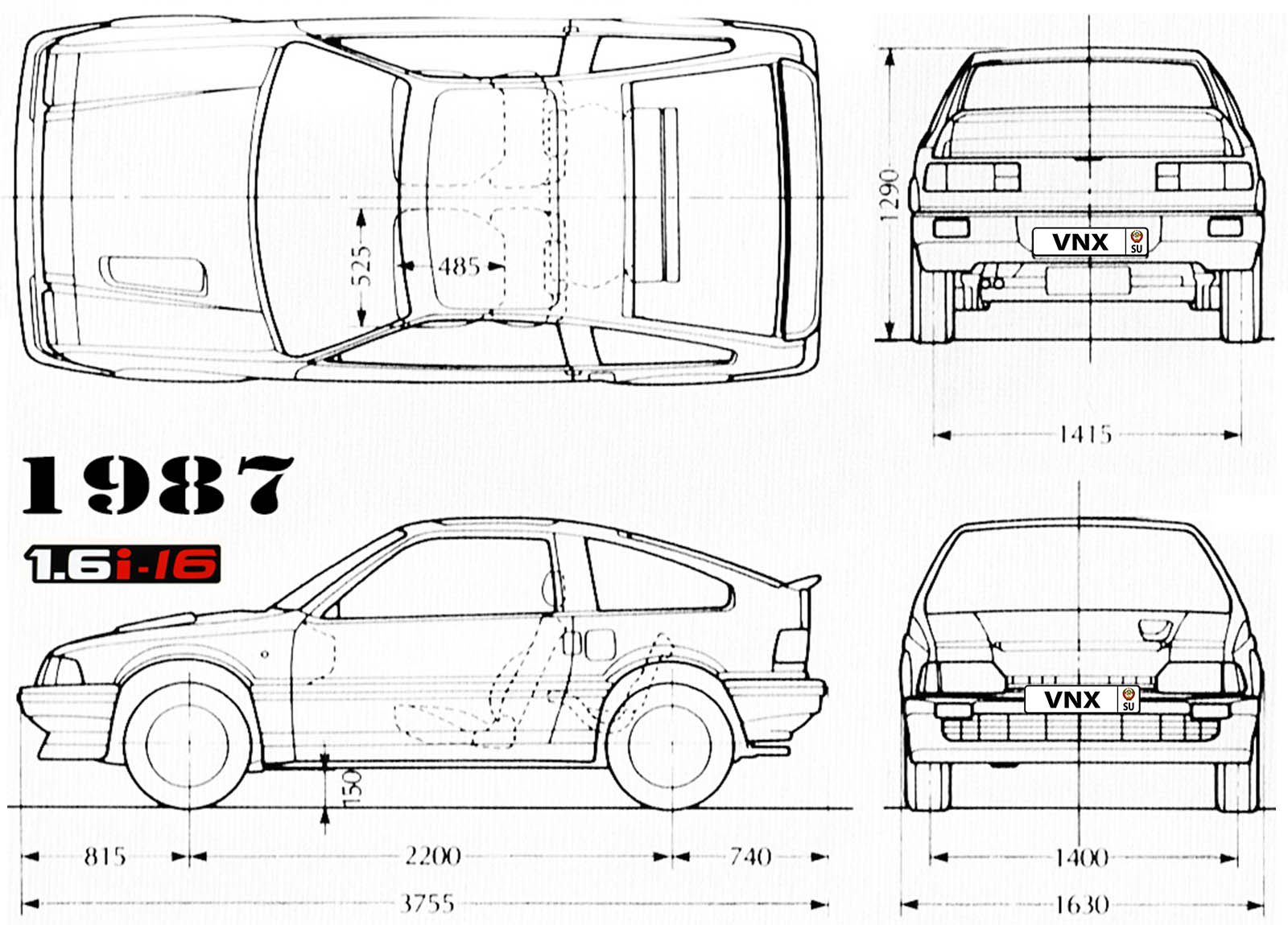Габаритные размеры Хонда КРиКс 1987 (dimensions Honda CRX mk1 16V)