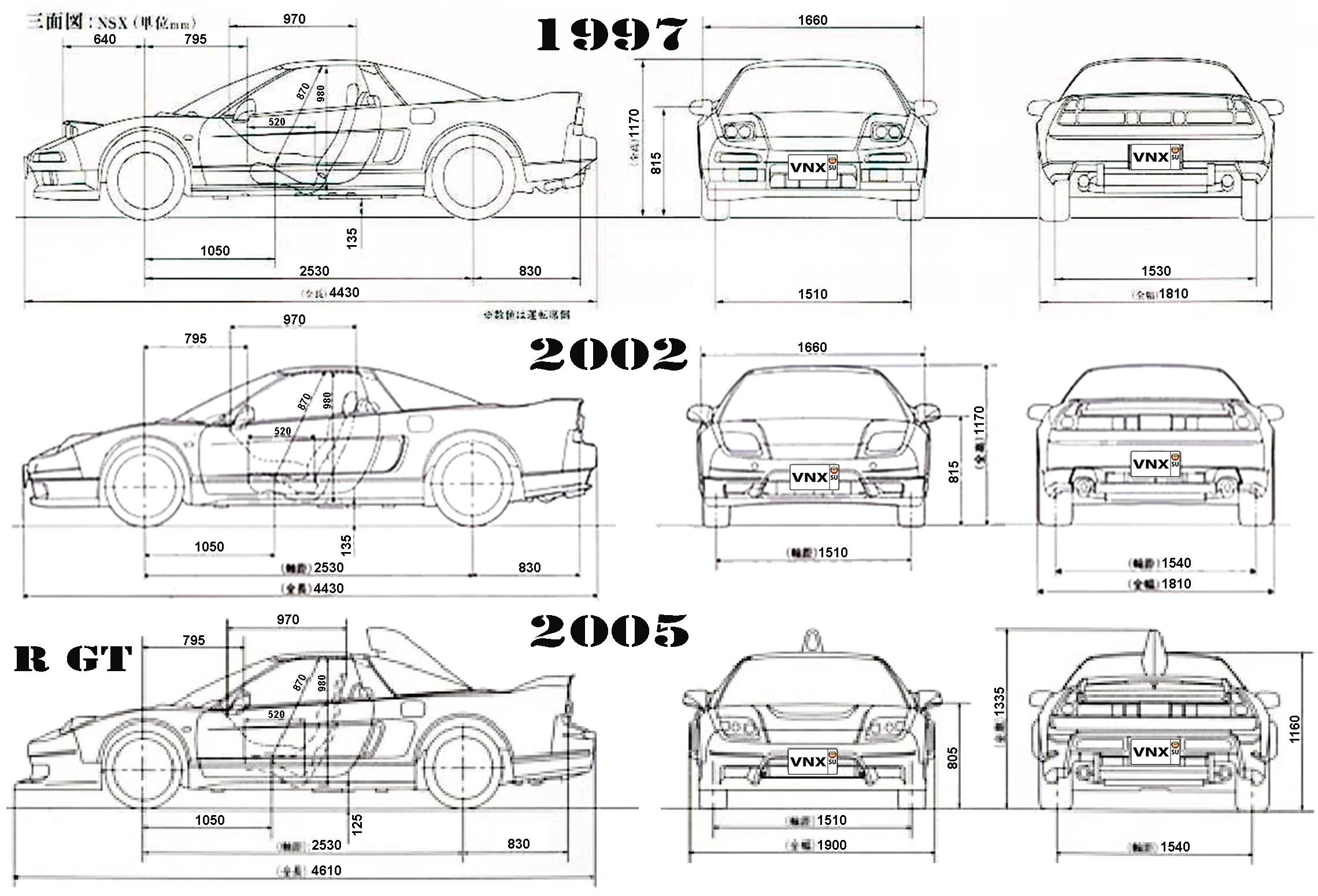 Габаритные размеры Хонда НСиКс 1990-2005 (dimensions Honda NSX Mark I)