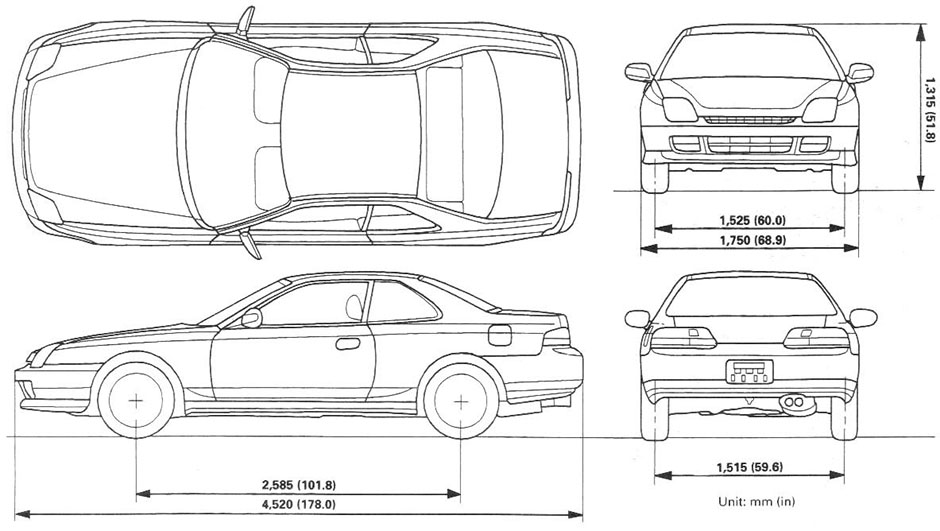 Габаритные размеры Хонда Прелюд 1997-1999 (dimensions Honda Prelude mk5)
