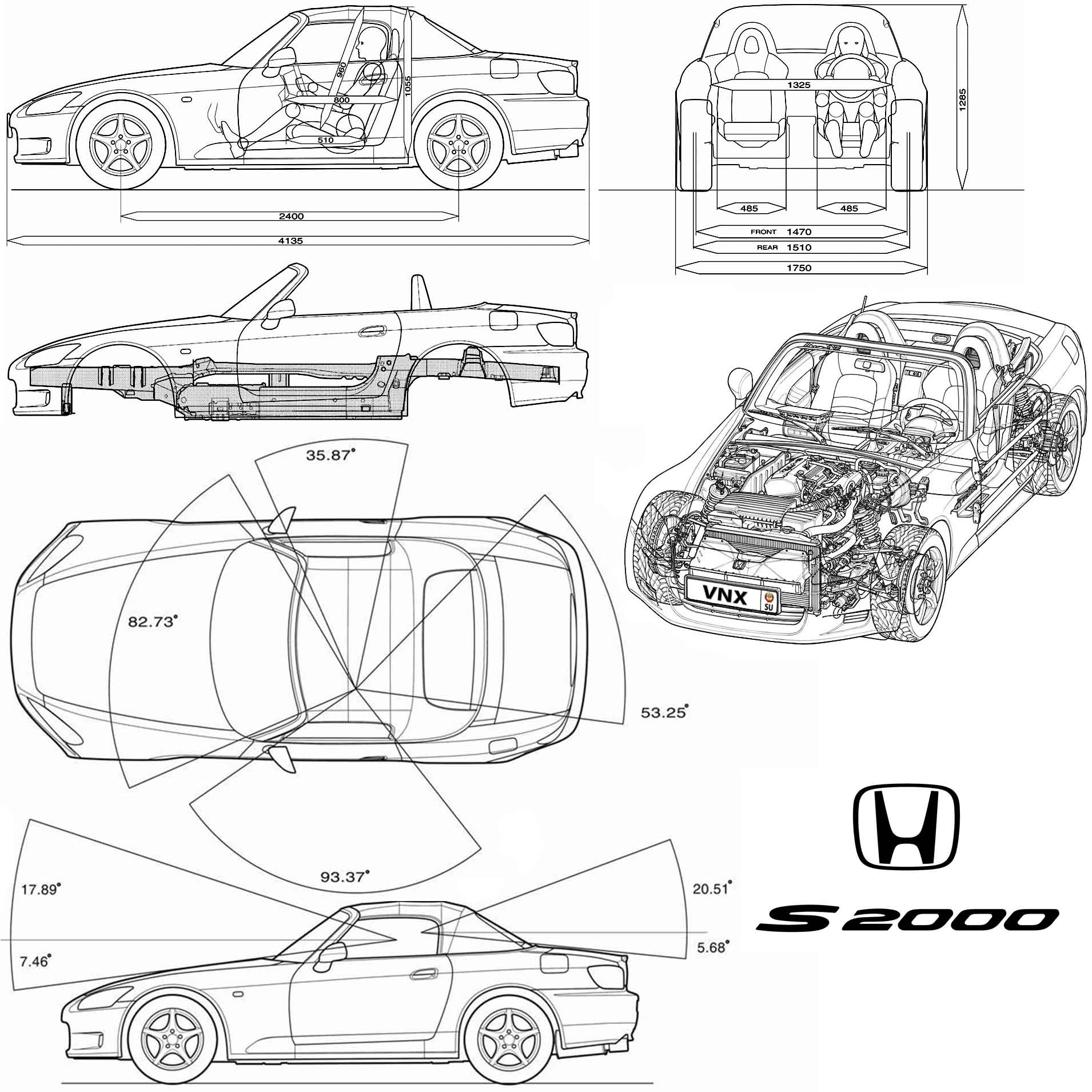Размеры салона Хонда С2000 1999-2003 (interior dimensions Honda S2000)