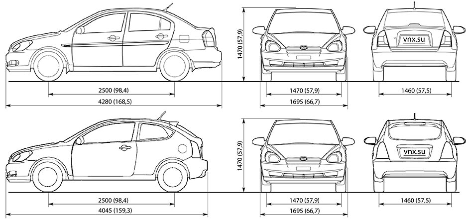 Габаритные размеры Хундай Акцент 3 (dimensions Hyundai Accent Verna 2006-2010)