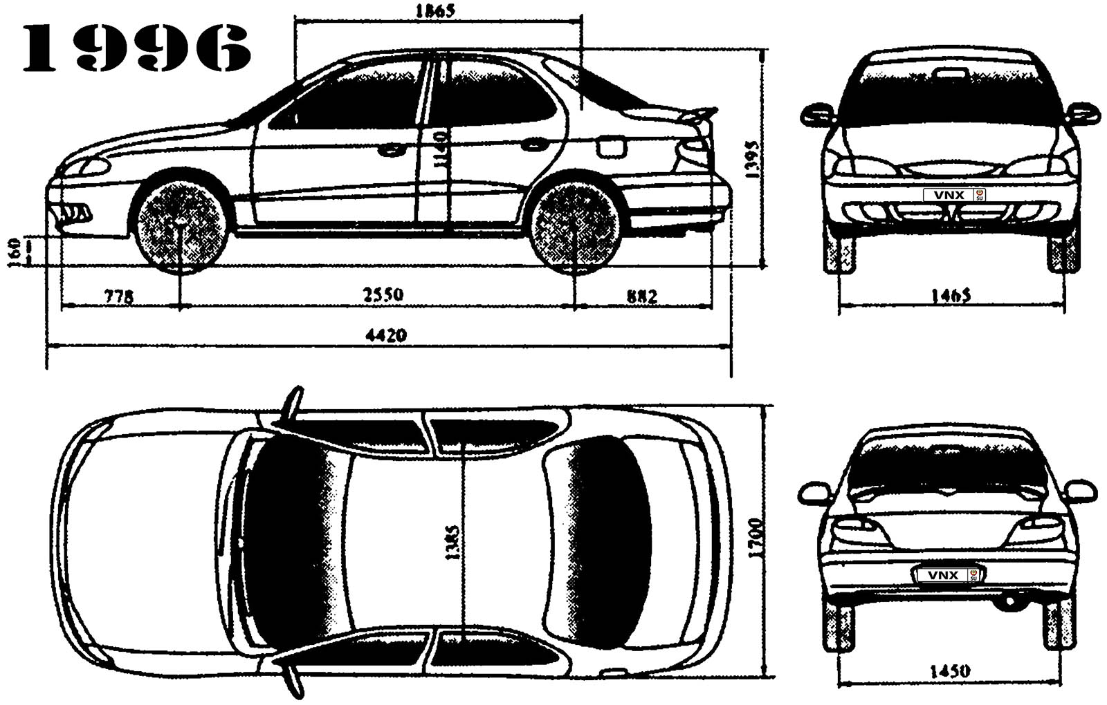 Габаритные размеры Хёндэ Элантра 1996-2001 (dimensions Hyundai Elantra Mark II)