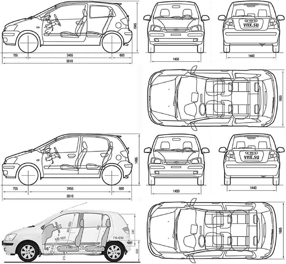 Габаритные размеры Хундай Гетц (dimensions Hyundai Getz 2001-2005)
