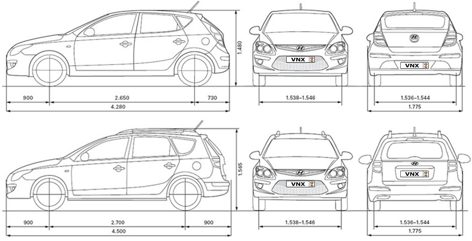 Габаритные размеры Хундай и30 с 2007 (dimensions Hyundai i30 Mark I)