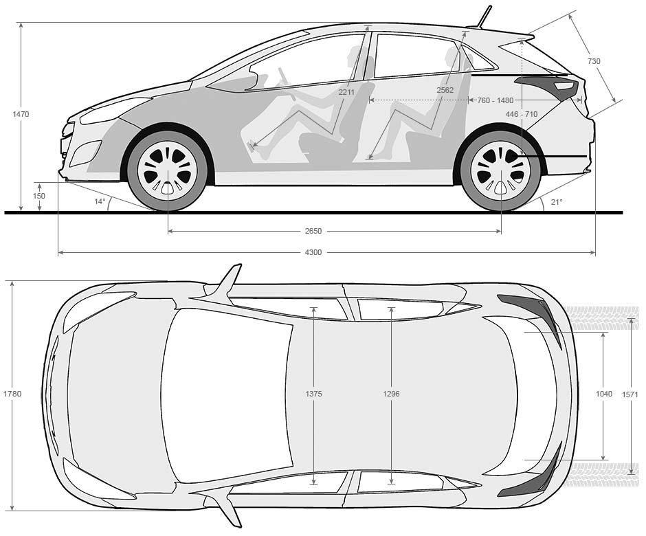 Размеры салона Хундай и30 с 2011 (interior dimensions Hyundai i30 Mark II)