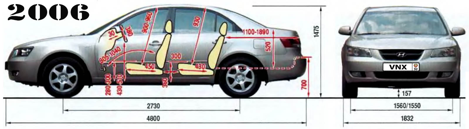 Габаритные размеры Хендэ Соната НФ 2004-2010 (dimensions Hyundai Sonata NF mk5)