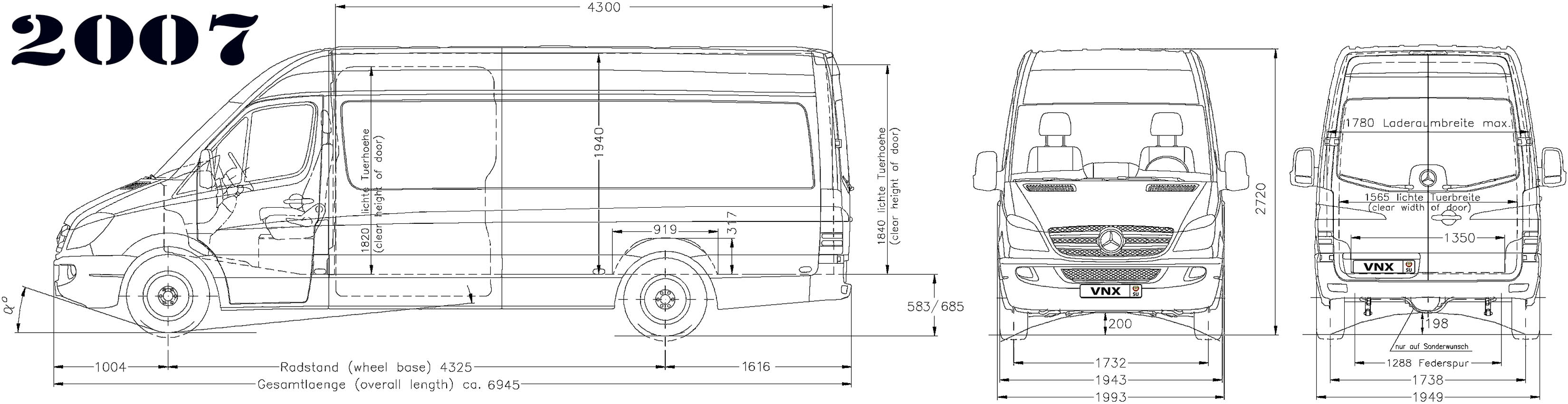 Габаритные размеры Мерседес-Бенц Спринтер 2006-2013 (dimensions Mercedes-Benz Sprinter W906)