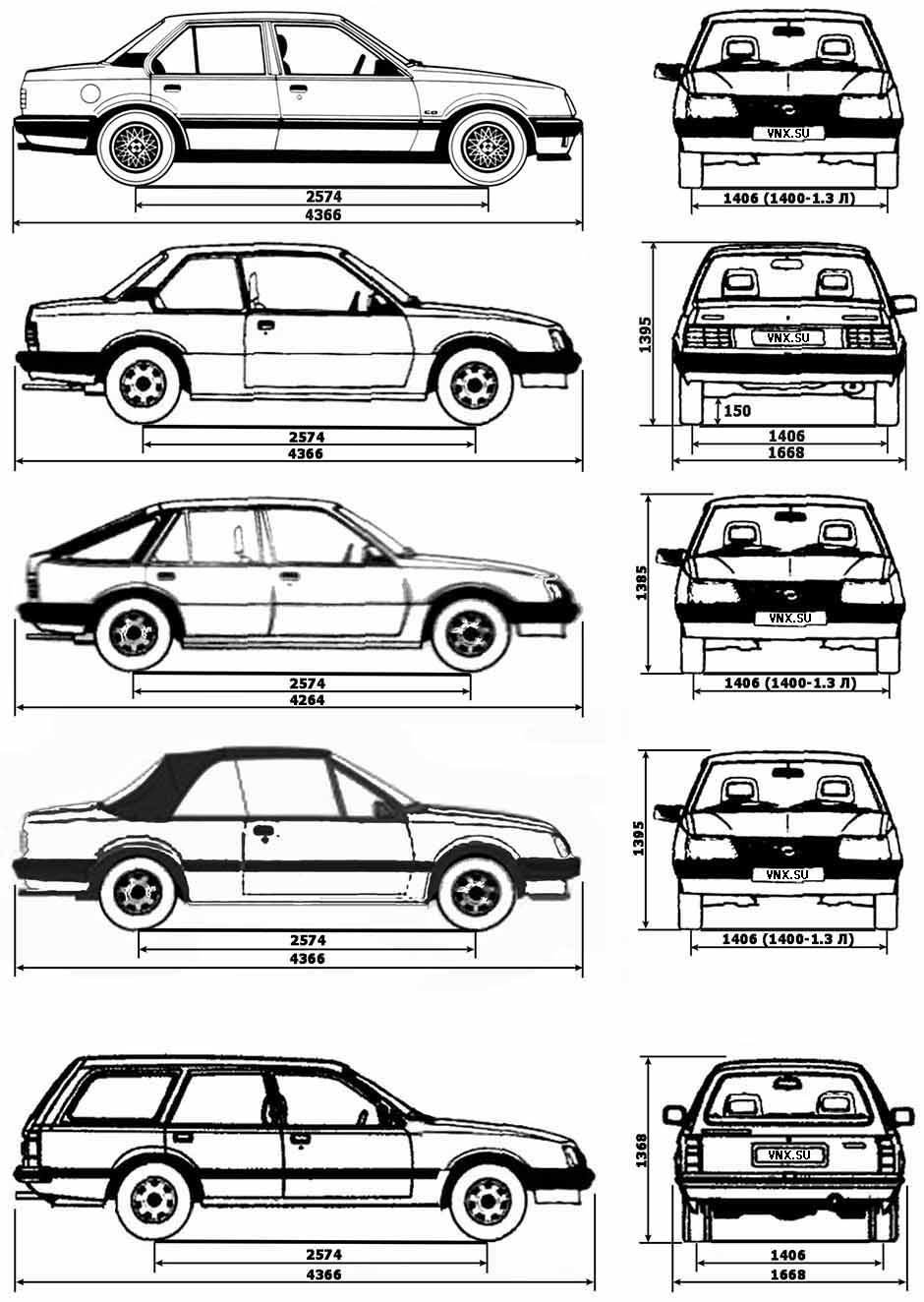 Габаритные размеры Опель Аскона 1981-1988 (dimensions Opel Ascona «C»)